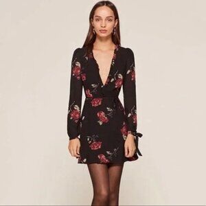 Reformation Floral Wrap Short Dress Women Size XS Black